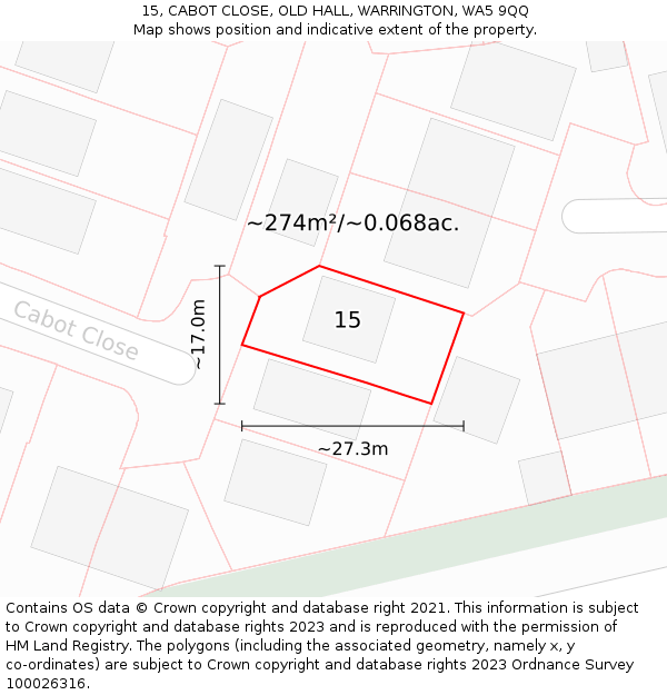 15, CABOT CLOSE, OLD HALL, WARRINGTON, WA5 9QQ: Plot and title map