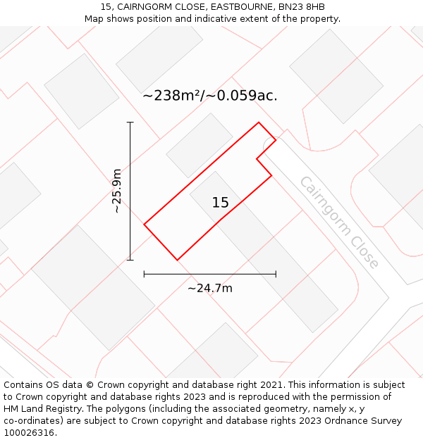 15, CAIRNGORM CLOSE, EASTBOURNE, BN23 8HB: Plot and title map