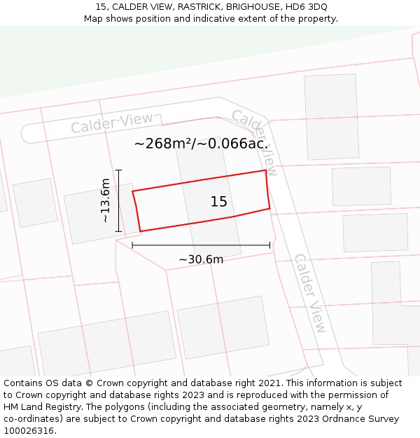 15, CALDER VIEW, RASTRICK, BRIGHOUSE, HD6 3DQ: Plot and title map