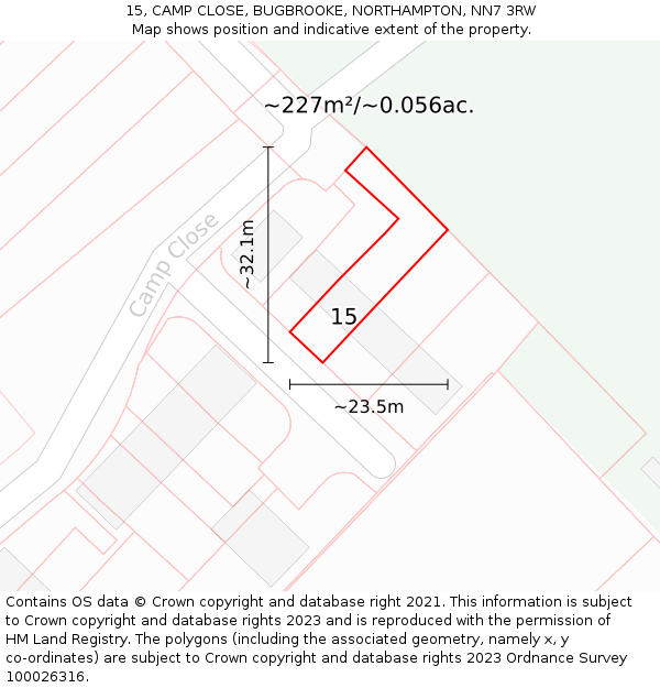 15, CAMP CLOSE, BUGBROOKE, NORTHAMPTON, NN7 3RW: Plot and title map