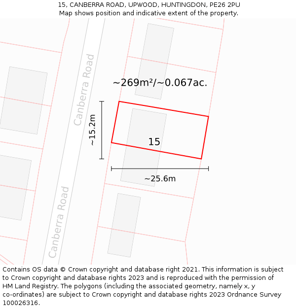 15, CANBERRA ROAD, UPWOOD, HUNTINGDON, PE26 2PU: Plot and title map