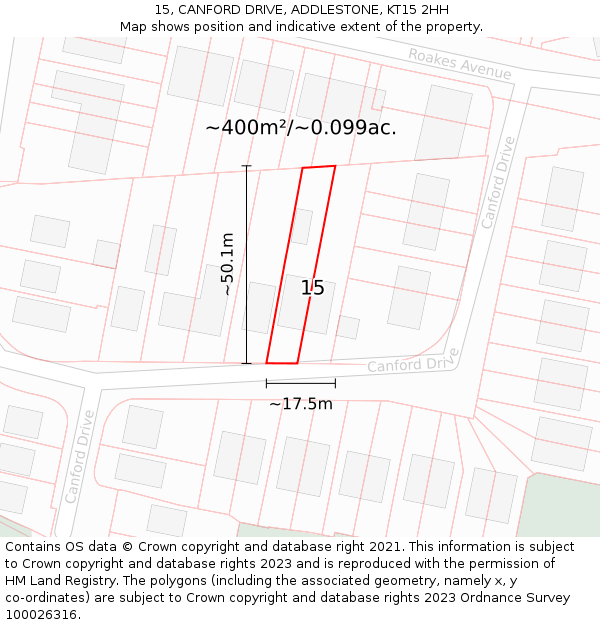 15, CANFORD DRIVE, ADDLESTONE, KT15 2HH: Plot and title map