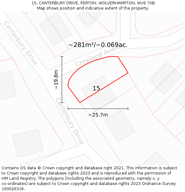 15, CANTERBURY DRIVE, PERTON, WOLVERHAMPTON, WV6 7XB: Plot and title map