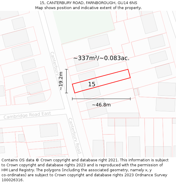 15, CANTERBURY ROAD, FARNBOROUGH, GU14 6NS: Plot and title map