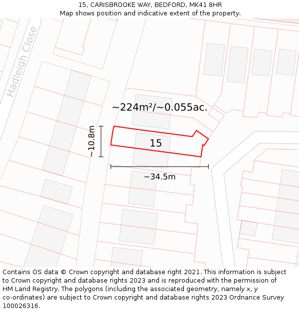 15, CARISBROOKE WAY, BEDFORD, MK41 8HR: Plot and title map