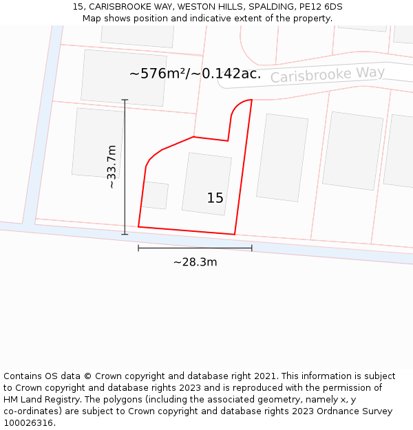 15, CARISBROOKE WAY, WESTON HILLS, SPALDING, PE12 6DS: Plot and title map