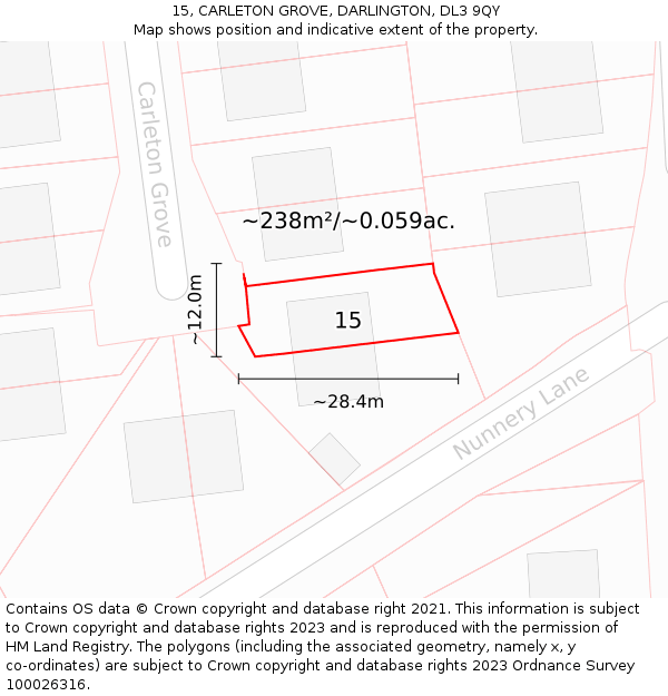 15, CARLETON GROVE, DARLINGTON, DL3 9QY: Plot and title map