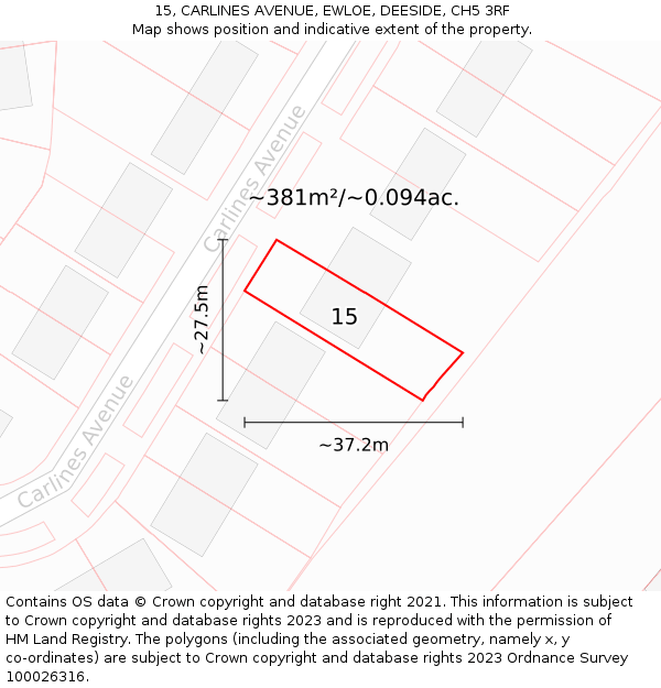 15, CARLINES AVENUE, EWLOE, DEESIDE, CH5 3RF: Plot and title map