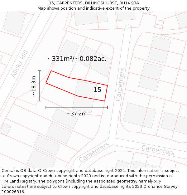 15, CARPENTERS, BILLINGSHURST, RH14 9RA: Plot and title map