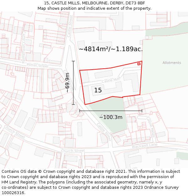 15, CASTLE MILLS, MELBOURNE, DERBY, DE73 8BF: Plot and title map