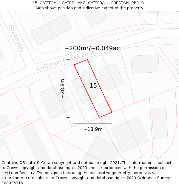 15, CATTERALL GATES LANE, CATTERALL, PRESTON, PR3 1YH: Plot and title map