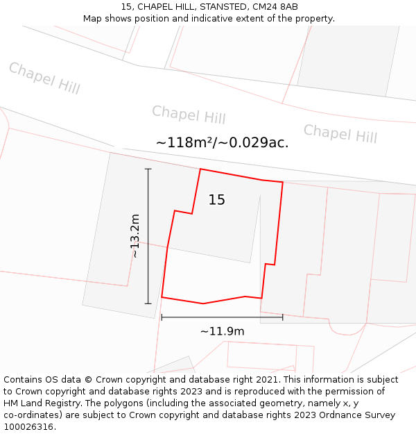 15, CHAPEL HILL, STANSTED, CM24 8AB: Plot and title map