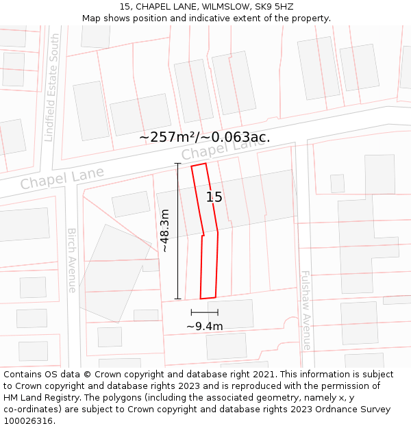 15, CHAPEL LANE, WILMSLOW, SK9 5HZ: Plot and title map