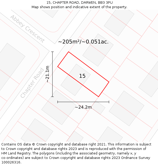 15, CHAPTER ROAD, DARWEN, BB3 3PU: Plot and title map