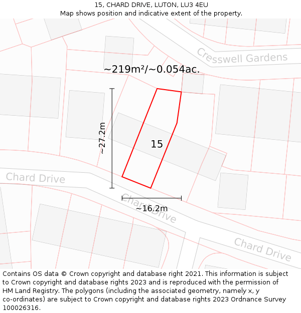 15, CHARD DRIVE, LUTON, LU3 4EU: Plot and title map