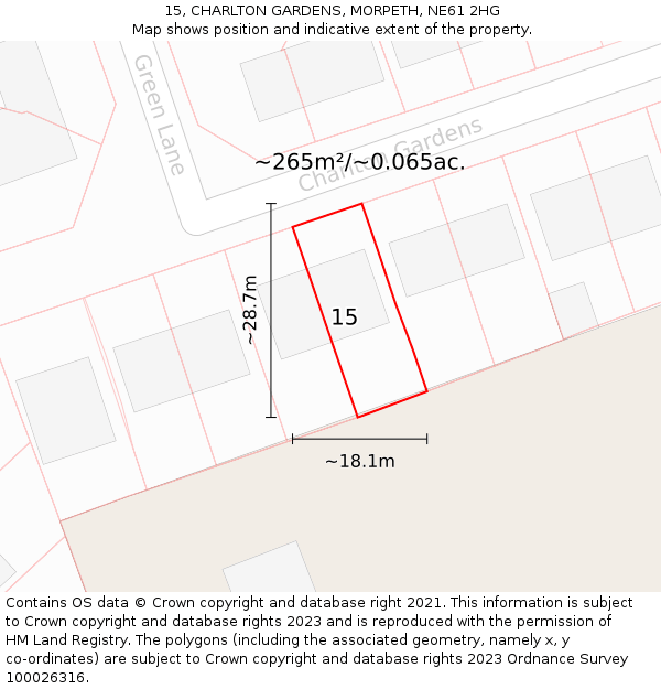 15, CHARLTON GARDENS, MORPETH, NE61 2HG: Plot and title map