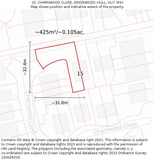 15, CHARNWOOD CLOSE, KINGSWOOD, HULL, HU7 3HH: Plot and title map