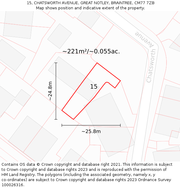 15, CHATSWORTH AVENUE, GREAT NOTLEY, BRAINTREE, CM77 7ZB: Plot and title map