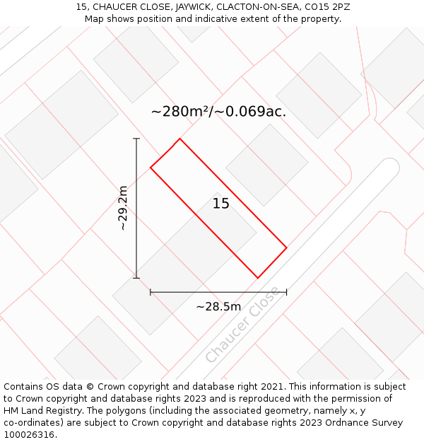 15, CHAUCER CLOSE, JAYWICK, CLACTON-ON-SEA, CO15 2PZ: Plot and title map