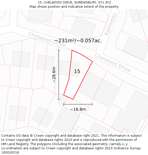 15, CHELWOOD DRIVE, SHREWSBURY, SY1 3YZ: Plot and title map