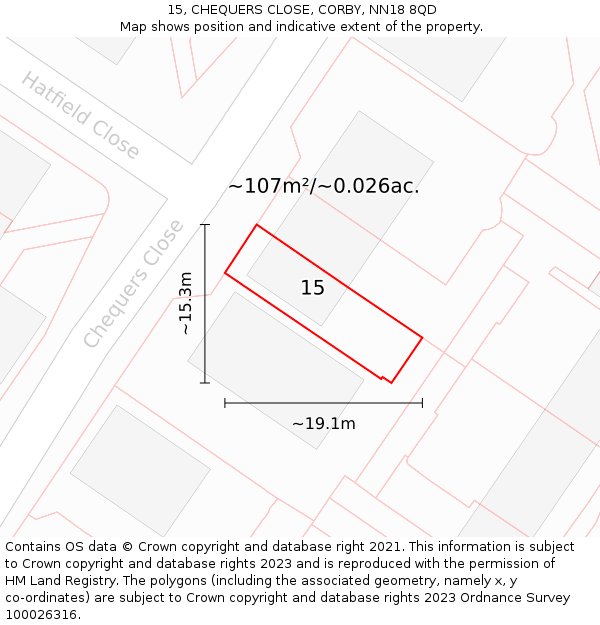 15, CHEQUERS CLOSE, CORBY, NN18 8QD: Plot and title map