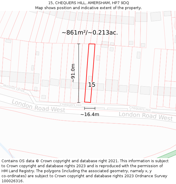 15, CHEQUERS HILL, AMERSHAM, HP7 9DQ: Plot and title map