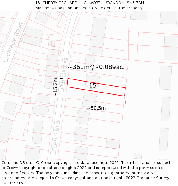 15, CHERRY ORCHARD, HIGHWORTH, SWINDON, SN6 7AU: Plot and title map