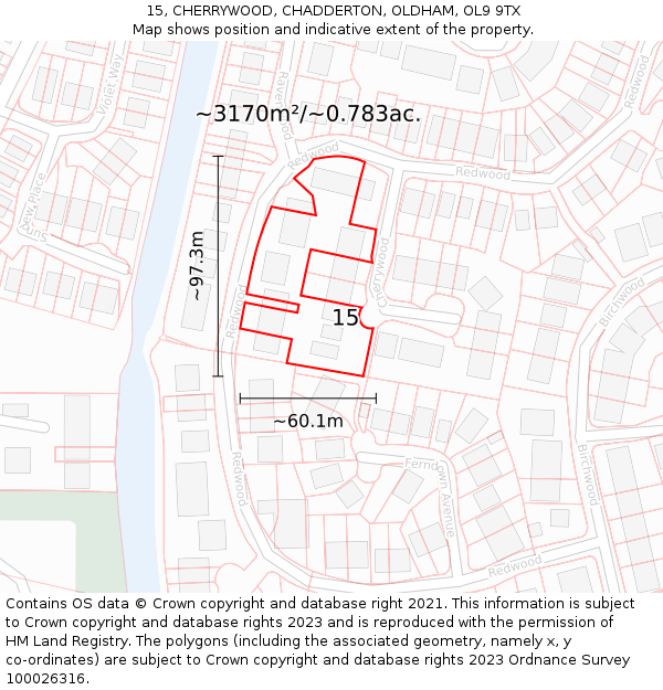 15, CHERRYWOOD, CHADDERTON, OLDHAM, OL9 9TX: Plot and title map