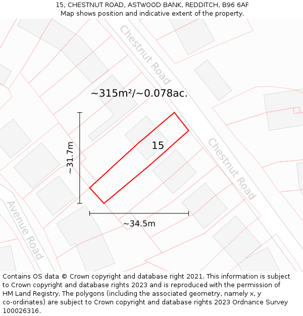 15, CHESTNUT ROAD, ASTWOOD BANK, REDDITCH, B96 6AF: Plot and title map