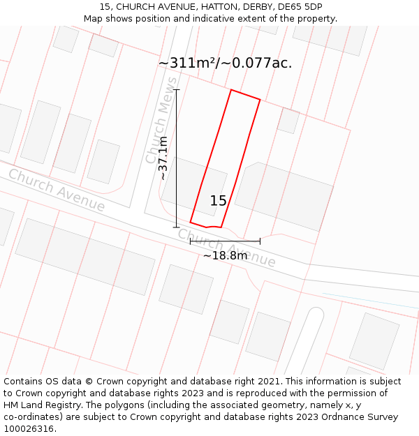 15, CHURCH AVENUE, HATTON, DERBY, DE65 5DP: Plot and title map