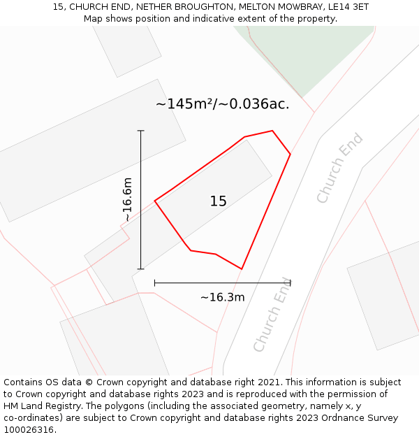 15, CHURCH END, NETHER BROUGHTON, MELTON MOWBRAY, LE14 3ET: Plot and title map