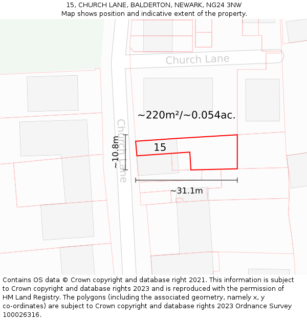 15, CHURCH LANE, BALDERTON, NEWARK, NG24 3NW: Plot and title map