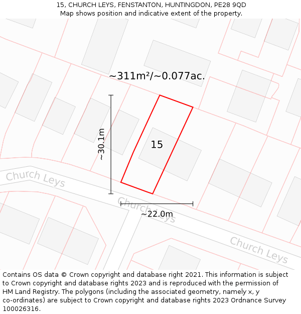 15, CHURCH LEYS, FENSTANTON, HUNTINGDON, PE28 9QD: Plot and title map