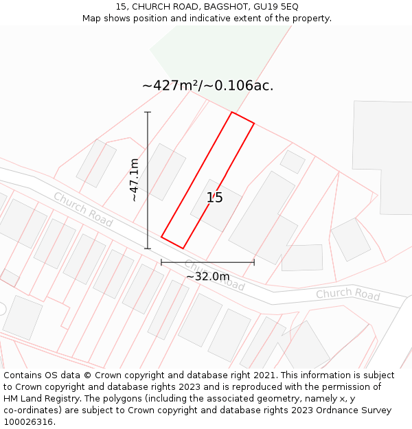 15, CHURCH ROAD, BAGSHOT, GU19 5EQ: Plot and title map