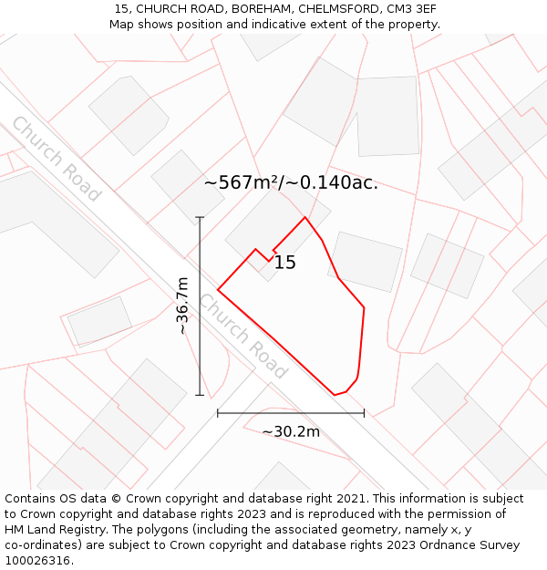 15, CHURCH ROAD, BOREHAM, CHELMSFORD, CM3 3EF: Plot and title map