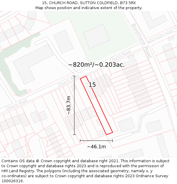 15, CHURCH ROAD, SUTTON COLDFIELD, B73 5RX: Plot and title map