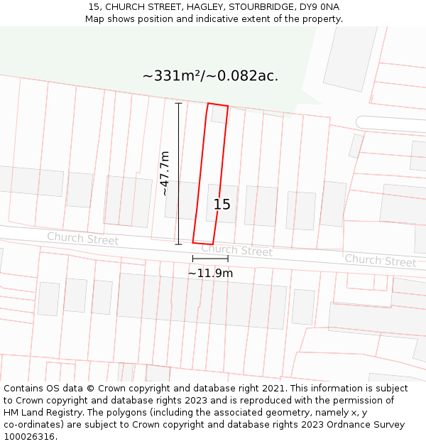 15, CHURCH STREET, HAGLEY, STOURBRIDGE, DY9 0NA: Plot and title map