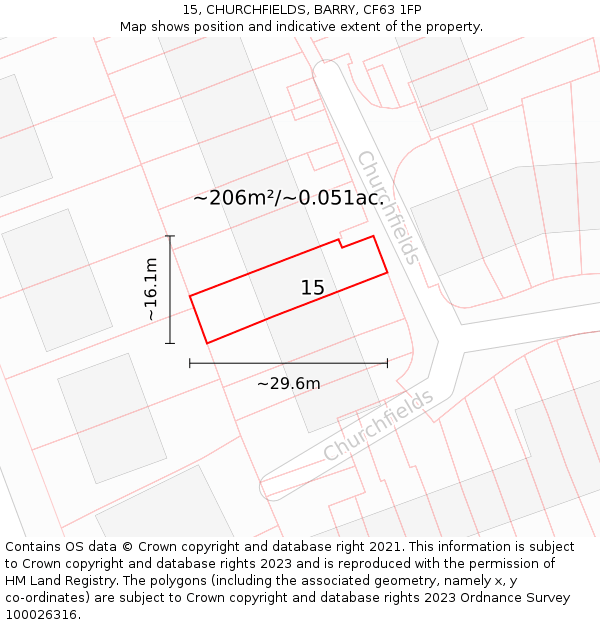 15, CHURCHFIELDS, BARRY, CF63 1FP: Plot and title map