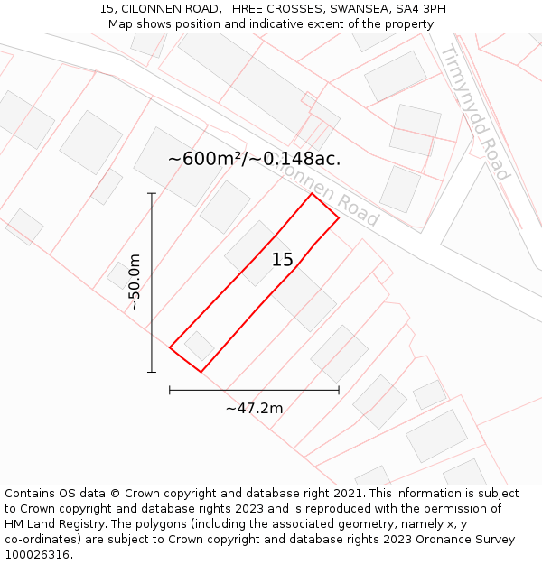 15, CILONNEN ROAD, THREE CROSSES, SWANSEA, SA4 3PH: Plot and title map