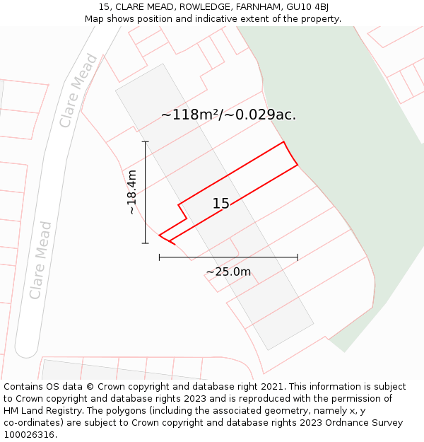 15, CLARE MEAD, ROWLEDGE, FARNHAM, GU10 4BJ: Plot and title map