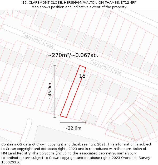 15, CLAREMONT CLOSE, HERSHAM, WALTON-ON-THAMES, KT12 4RP: Plot and title map