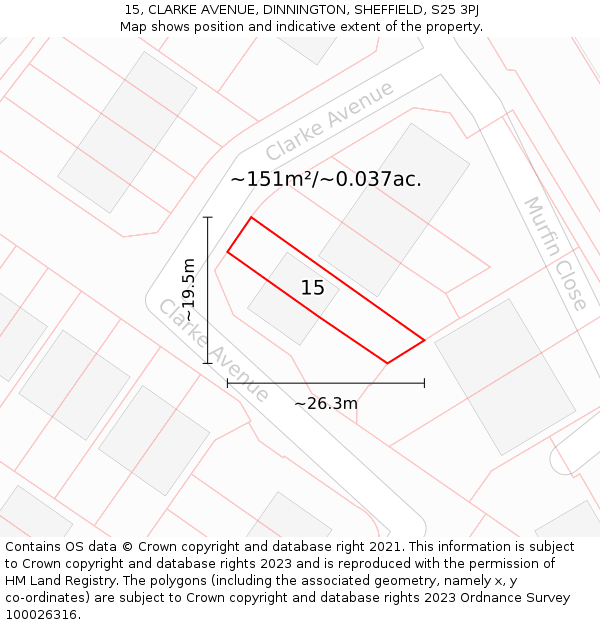 15, CLARKE AVENUE, DINNINGTON, SHEFFIELD, S25 3PJ: Plot and title map