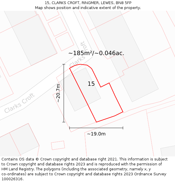 15, CLARKS CROFT, RINGMER, LEWES, BN8 5FP: Plot and title map