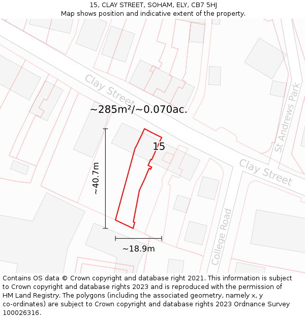 15, CLAY STREET, SOHAM, ELY, CB7 5HJ: Plot and title map