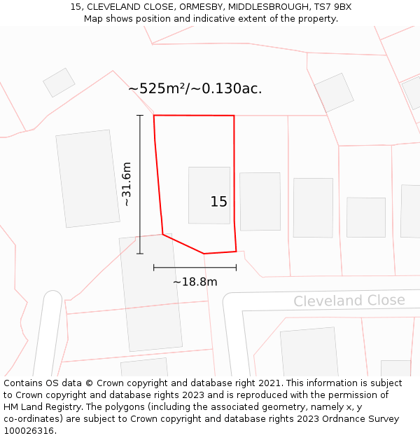 15, CLEVELAND CLOSE, ORMESBY, MIDDLESBROUGH, TS7 9BX: Plot and title map