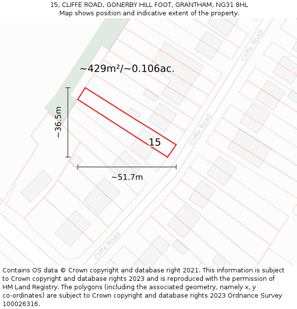 15, CLIFFE ROAD, GONERBY HILL FOOT, GRANTHAM, NG31 8HL: Plot and title map