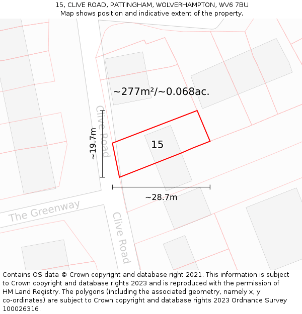 15, CLIVE ROAD, PATTINGHAM, WOLVERHAMPTON, WV6 7BU: Plot and title map