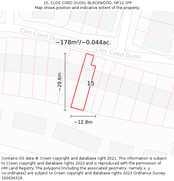 15, CLOS COED DUON, BLACKWOOD, NP12 1FP: Plot and title map