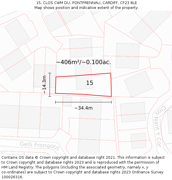 15, CLOS CWM DU, PONTPRENNAU, CARDIFF, CF23 8LE: Plot and title map