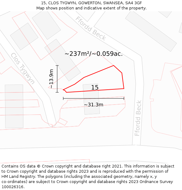 15, CLOS TYGWYN, GOWERTON, SWANSEA, SA4 3GF: Plot and title map